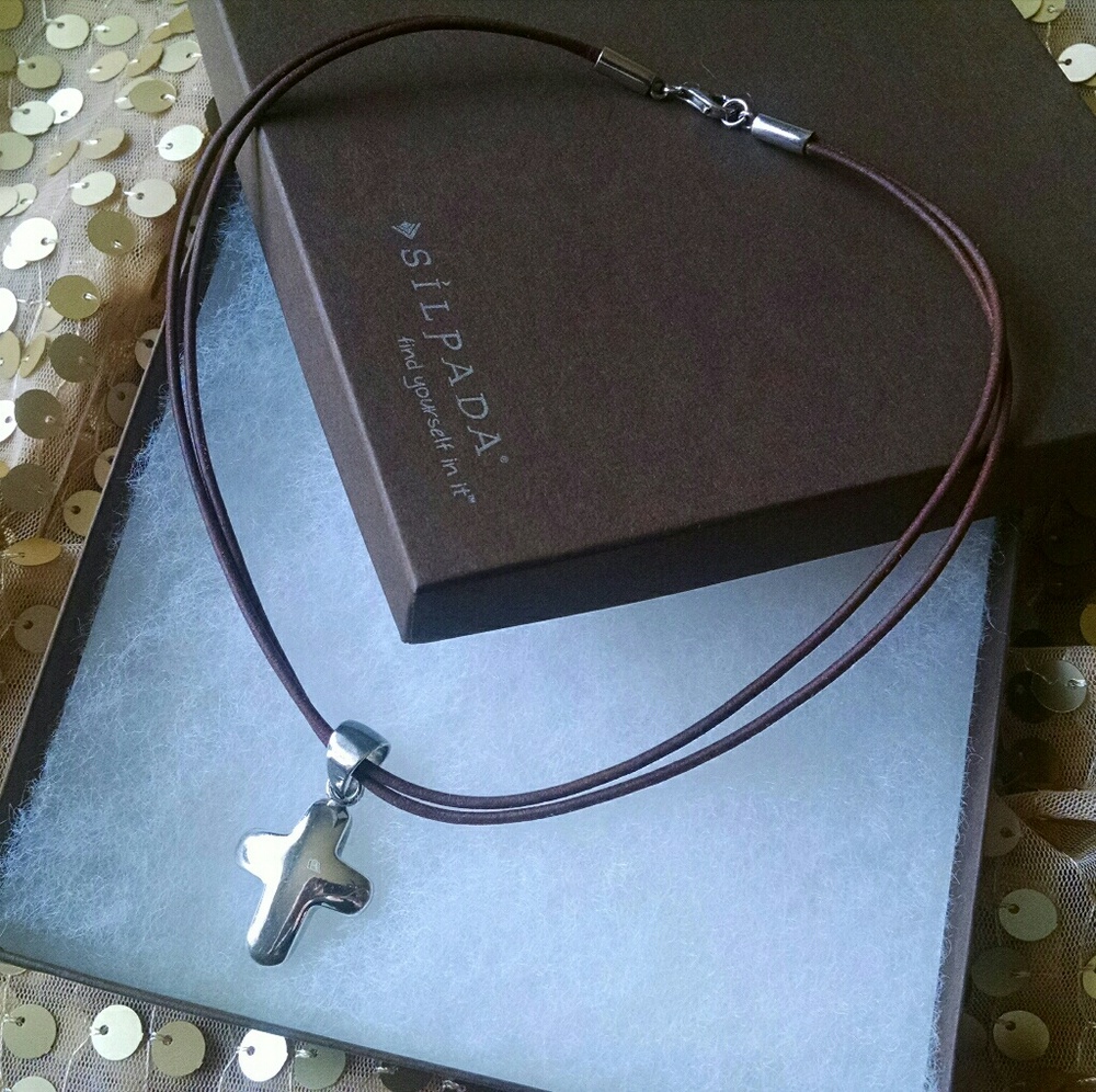 Silpada Cross with Brown Leather Cord Necklace